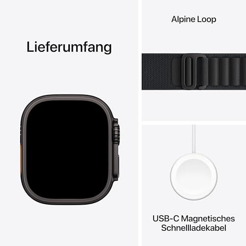 Apple Watch Ultra 3 GPS + Cellular 49 mm Premium Smartwatch für Lauftraining und Kombinationssport mit robustem Titangehäuse in Schwarz und Alpine Loop in Schwarz (Medium)