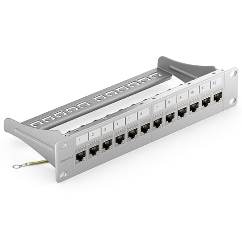 deleyCON 12 Port Patchpanel Set Patchfeld CAT6a 1 HE 10 Zoll - Grau | Modularer Rackeinbau mit 12x RJ45 Keystone Module, kompatibel mit CAT5 CAT6 CAT7 LAN Netzwerkkabel Verlegekabel