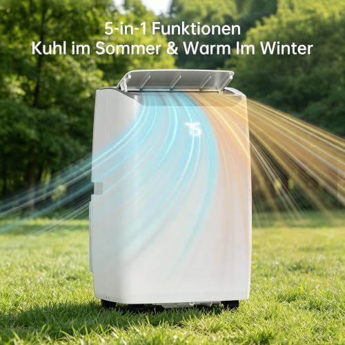 PHILODECO Mobile Klimaanlage mit Heizfunktion 12000 BTU mit Fernbedienung, 5-in-1 Klimagerät Heizen & Kühlen, 24h Timer, R290, für Räume, Weiß