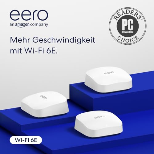 Amazon eero Pro 6E Mesh-WLAN-Router | 2,5-Gbit/s-Ethernet | Bis zu 560 m² Abdeckung | Für Verbindungen mit über 100 Geräten | Ideal für Streaming, Arbeit und Gaming | Dreierpack | 2022