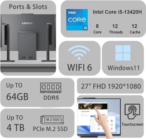 Lenovo IdeaCentre All-in-One Desktop-Computer, 27 Zoll FHD Touch IPS Display, 8-Core Intel Core i5-13420H, 16GB DDR5, 512GB SSD, Office 365 für das Web, Wireless KB & M, Wireless Charging Base, Win 11