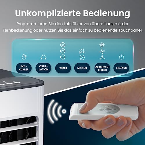 Pro Breeze 5L Mobiler Luftkühler, 4-in-1 mit 3 Stufen, LED Anzeige und Fernbedienung, Mobiler Verdunstungskühler ohne Abluftschlauch mit Wasserkühlung, Ventilator, Luftbefeuchter und Nachtmodus, Weiß