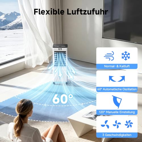 Klimaanlage Mobil 10L, 60W Klimagerät ohne Abluftschlauch 4-in-1, Klimaanlage mit 12H Timer, 4 Modus, 120°Oszillation, Abnehmbare Wassertank, Klimageräte Tragbarer Luftkühler für Wohnung Zimmer Räume