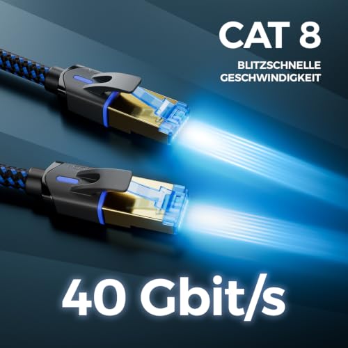 deleyCON 0,5m CAT 8 Netzwerkkabel Nylon RJ45 40 Gbit/s S/FTP - Schwarz | Kurzes 50cm Gigabit Ethernet Patchkabel, 100% Kupfer, PIMF, LAN Kabel Cable, RJ45 Stecker für CAT8 CAT7 CAT6 POE PS5