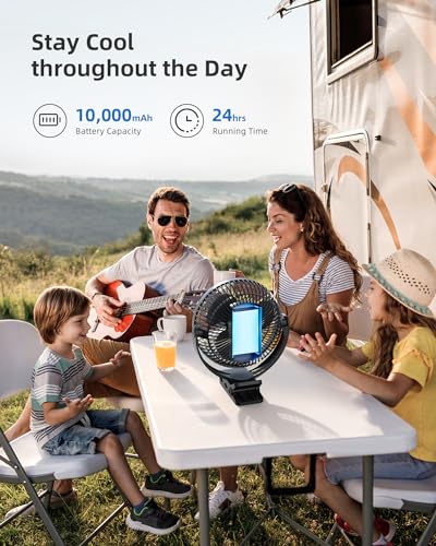 Koonie USB Clip Ventilator 10000mAh, 20cm Tragbar Wiederaufladbar, Schwarz | 4 Geschwindigkeiten, 360° Drehung, wiederaufladbar, leise, starker Luftstrom, für Zuhause, Büro, Kinderwagen, Camping