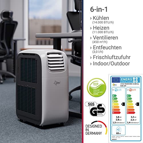 SUNTEC Mobiles Klimagerät Transform 14.000 Eco R290 APP – Klimaanlage mobil und leise mit Smart App Steuerung – Entfeuchter für Räume bis 70 qm – Mobile Kühlung & Heizung für zuhause – 14.000 BTU