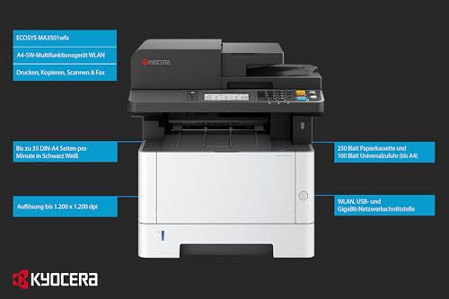 Kyocera Ecosys MA3501wfx/Plus Laserdrucker Multifunktionsgerät mit WLAN | WLAN Laserdrucker mit Scanner 35 Seiten/Minute. Drucker Scanner Kopierer, Fax.. Mobile-Print , 3 Jahre Full Service Vor-Ort