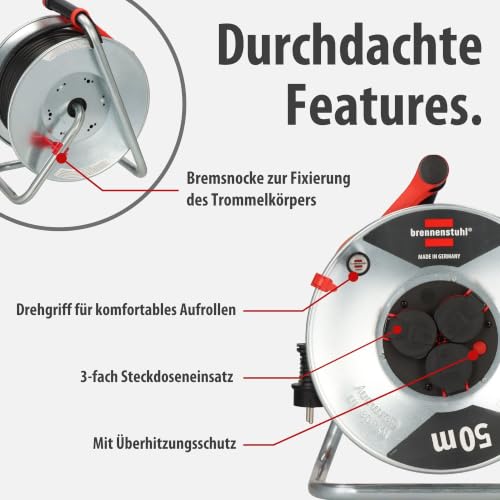 Brennenstuhl Garant S V2 IP44 Kabeltrommel 50m outdoor aus Stahlblech | Made in Germany, Kabel in Signalfarbe orange, kurzfristiger Einsatz im Außenbereich