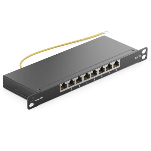 deleyCON CAT 6a 0,5 HE Patchpanel Mini Verteilerfeld 8 Port - Desktop 10" Zoll Rackeinbau Servermontage RJ45 geschirmt TIA568A TIA568B RAL 9005 Schwarz