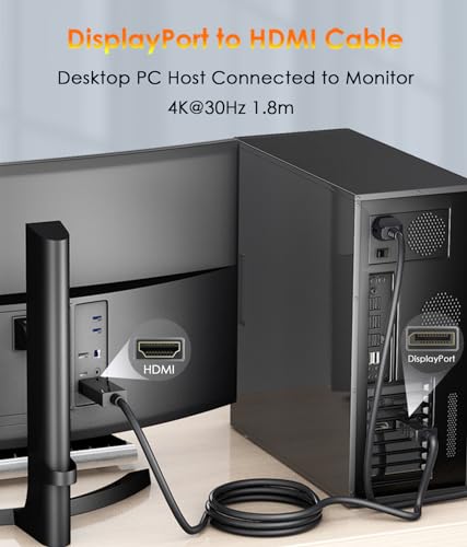 DisplayPort auf HDMI Kabel 1,8 m, 4K DP zu HDMI Kabeladapter, Unidirektionales DP 1.2 zu HDMI 1.4 Kabel, Kompatibel mit PC, TV, Monitor, Projektor, Laptop, Dell, HP und Mehr