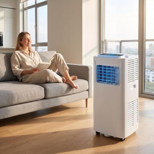 14000 BTU Tragbare Klimaanlage mit Installationsset, Niedrigenergie-Kühlventilator, 2 Geschwindigkeiten, 24h Timer, Digitalanzeige, UK-3-poliger Stecker für große Räume