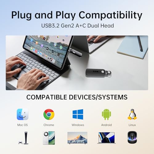 SSK Externe SSD mit 1 TB bis zu 1000 MB/s, Externe Solid-State-Laufwerke Typ C + USB A, SSD USB 3.2 Gen 2 für iPhone 15/PS4/Android-Telefon/Tablet/Windows/Mac