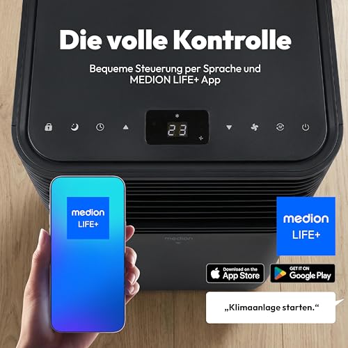 MEDION Smarte Mobile Klimaanlage mit Abluftschlauch P901 (9000 BTU, mobil, inkl. Fensterabdichtung, bis 32m², 3in1,Kühlen Entfeuchten Ventilieren, App- und Sprachsteuerung, Schlafmodus