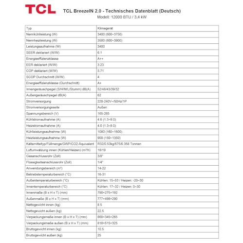 TCL Multisplit Klimaanlage Wandgerät 3 x 3,4 kW 12000 BTU + 32000 BTU Außeneinheit App + Fernbedienung für Räume bis zu je 45m²