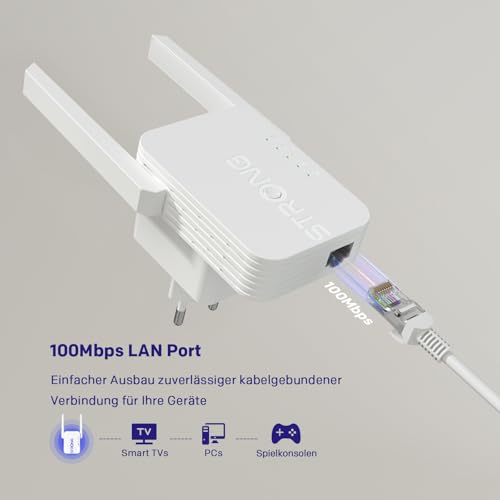 Strong 300Mbit/s WLAN Verstärker Repeater, WLAN Internet Verstärker Extender, 100Mbit/s-Port, Access Point, Einfache Einrichtung, LED-Signalanzeige, WPS, Kompatibel mit Allen WLA-Router