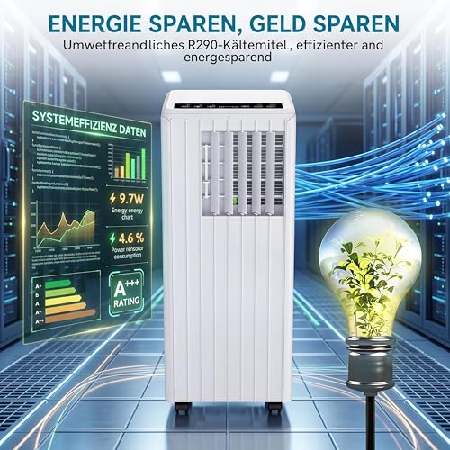 Koioplie Mobile Klimaanlage 9000 BTU 2,6 kW mit Dual-Schlauch-System, flüsterleise ≤45 dB, 3 Betriebsarten Mobilklimaanlage, 24h Timer, inklusive Fernbedienung, effiziente Kühlung für Räume bis 35 m²