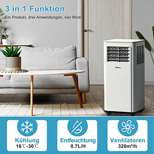 SHINCO 7000 BTU Mobiles Klimagerät(2,05kW), Kühlen&Ventilieren&Entfeuchten, Raumgröße bis 54m³(18㎡), Mobile Klimaanlage mit Abluftschlauch und Ablaufschlauch, Schlafmodus
