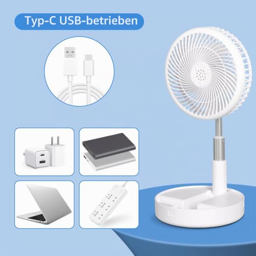 Tragbarer Faltbarer Standventilator Tischventilator, 8" Mini USB 7200mAh Akku Ventilator Leise, 9-100cm Höhenverstellbarer Ventilator 4 Geschwindigkeiten für Outdoor Camping Reise Schlafzimmer Büro