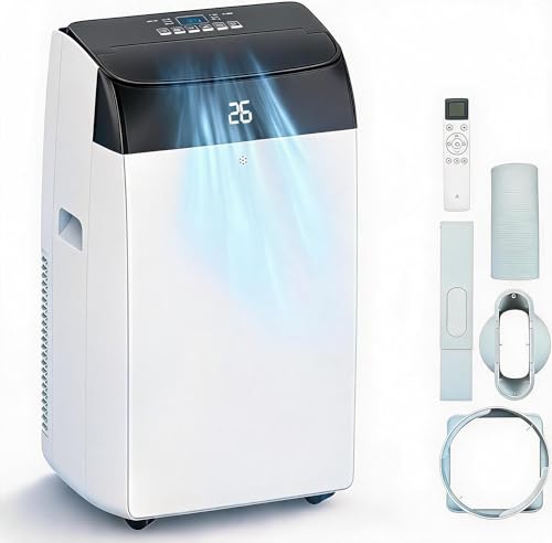 Mobiles Klimagerät 10000 BTU, 4-in-1 Klimaanlage mit Luftentfeuchter (45L/Tag), Ventilator (3 Stufen), 24H Timer, LED-Display, Fensterkit für Räume bis 52 m²
