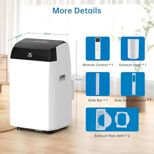Leises 4-in-1 Mobiles Klimagerät 10000 BTU | Kühlen/Ventilieren/Entfeuchten/Follow-Me | Für Räume Bis 43–51㎡ Abluftschlauch+Digitaldisplay+Fernbedienung+24h-Timer (Schwarz, 10000 BTU)