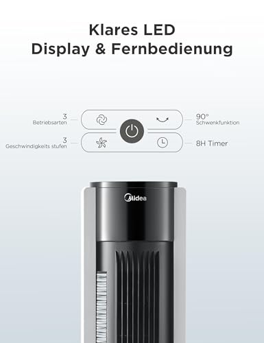 Midea FZ10-19BRA Turmventilator, robuster Kupfermotor, Luftzufuhr nach innen, Fernbedienung, 7-Stunden-Timer, Touch- und Bedienfeld-Display, drei Modi und drei Geschwindigkeiten zur Auswahl