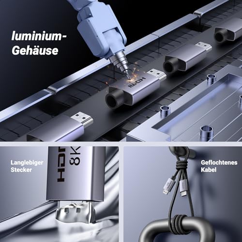 UGREEN HDMI 2.1 Kabel, 8K@60Hz, 4K@240Hz, HDMI zertifiziert, 48Gbps, 2M | Aluminiumgehäuse, Nylongeflecht, HDR, eARC, VRR, ALLM, Dolby Atmos, kompatibel mit PS5, TV, PC, Laptop, Monitor, Projektor