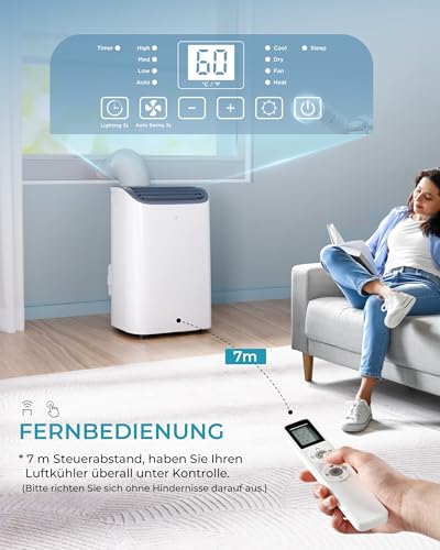 EUHOMY Mobile Klimaanlage 12000 BTU mit Abluftschlauch | 3-in-1 Mobiles Klimagerät: Kühlen, Entfeuchten, Ventilieren | 4-Stufen-Lüfter | 410 m³/h | Energieeffizienzklasse A | <50 dB | 24h-Timer