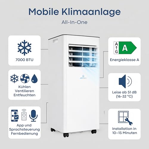 Aironex Mobiles Klimagerät 7000 BTU – Klimaanlage Weiß – Klimagerät mit Fensterabdichtung – Leise Klimaanlage mit Fernbedienung – Mobiles Klimagerät für Schlafzimmer, Wohnzimmer und Büro