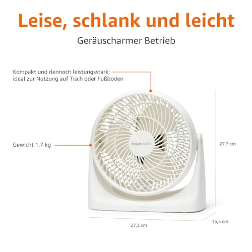 Amazon Basics Tisch-Ventilator tragbar, 18 cm, geräuscharme Kühlung, 3 Geschwindigkeiten, um 90° verstellbarer Winkel, Weiß, 15,49 x 27,3 x 27,69 cm