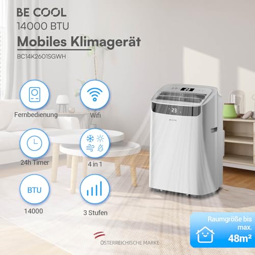 BE COOL mobiles Klimagerät 14000 BTU mit Heizung & WLAN, 4 in 1 Klimaanlage mit Entfeuchter und Ventilator, für Räume bis 48 m², Fernbedienung, Timer, Alexa & Google Assistant, grau