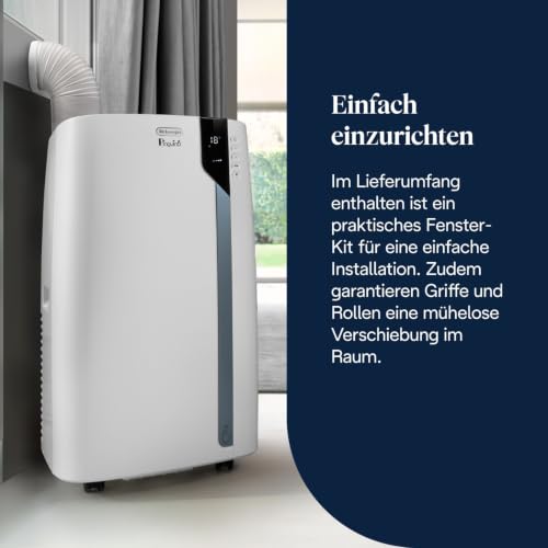 De'Longhi Pinguino - Mobiles Klimagerät, für Räume bis 30 m², mit Luftentfeuchter & Ventilator, 10000 BTU, Leiser Betrieb, Eco-Real-Feel, Fernbedienung, Timer, Energieeffizienzklasse A+++ (PACEX105)