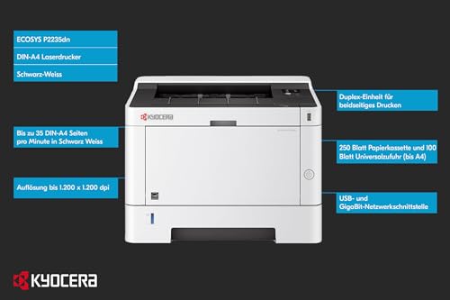 Kyocera Ecosys P2235dn Laserdrucker Schwarz Weiss, Drucker Schwarz Weiss mit Duplex-Einheit, 35 Seiten pro Minute. Laserdrucker Inkl. Mobile Print Funktion