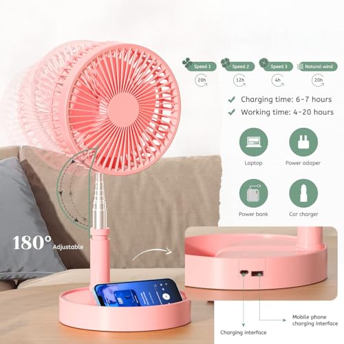 Faltbarer Bodenventilator, wiederaufladbar, batteriebetrieben, USB-Bodenventilator, tragbar, höhenverstellbar, Mini-Elektroventilator, 4 Windgeschwindigkeitseinstellungen, geeignet für Schlafzimmer