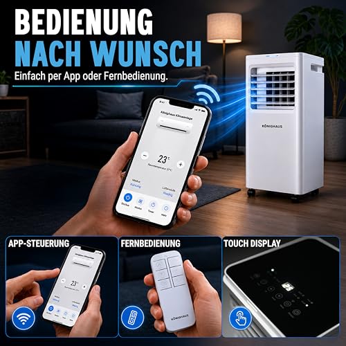 Könighaus Smarte EU Mobile Klimaanlage 7000 BTU – für deutsche Kippfenster geeignet - Kühlung, Entfeuchtung, Ventilator und Luftreinigung – energieeffizient (A) – inkl. Fernbedienung und App