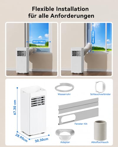 Mobile Klimaanlage mit Abluftschlauch 7000 BTU, 4-in-1 Mobiles Klimagerät (Kühlen, Entfeuchten, Ventilieren, Schlafmodus), Klimaanlage für Schlafzimmer & Wohnung, inkl. Fensterabdichtung, Weiß