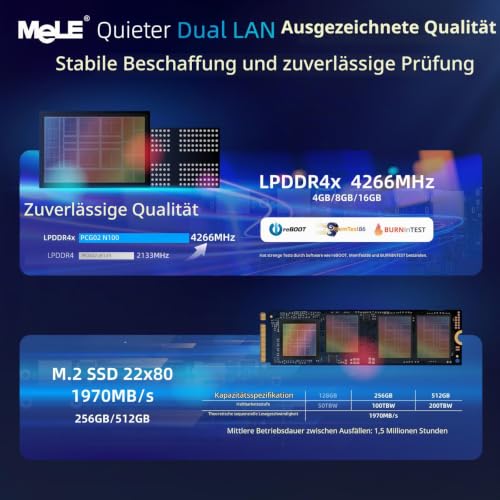 MeLE QuieterDL Lüfterloser Mini PC N150 2.5Gb Dual LAN 4GB 128GB Computer | bis zu 3.6GHz, USB-C, HDMI2.0+DP1.4, Dreifach-Display, VESA, Rund um die Uhr stabil, automatisches Einschalten, Wake-on-LAN