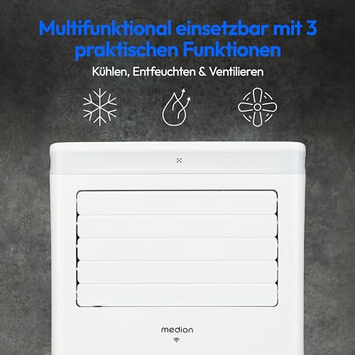 MEDION Smarte Mobile Klimaanlage mit Abluftschlauch P1002 (10000 BTU, mobil, inkl. Fensterabdichtung, bis 34m², 3in1 Kühlen Entfeuchten Ventilieren, App- und Sprachsteuerung, Schlafmodus, MD 37733)