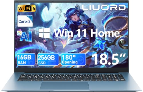 Liuord Laptop 18,5 Zoll 16GB RAM 256GB SSD, AI Unterstützung Notebook Core i3 (bis zu 3,9 GHz), 8000mAh Akku, Win, WiFi 6, FHD Display 180° Betrachtungswinkel, HDMI, USB-C Multifunktionsanschluss
