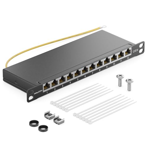 deleyCON CAT 6 0,5 HE Patchpanel Mini Verteilerfeld 12 Port - Desktop 10" Zoll Rackeinbau Servermontage RJ45 geschirmt TIA568A TIA568B RAL 9005 Schwarz