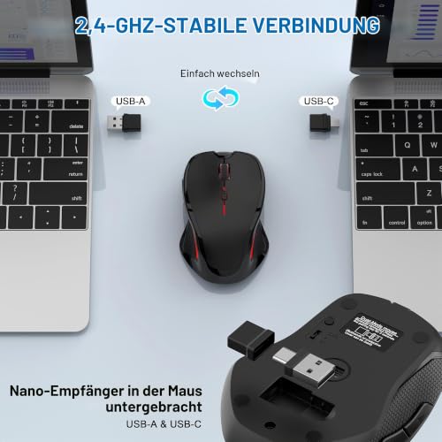 Azmall Ergonomische Maus Kabellos für Laptop/PC/MacBook/iPad, 2.4GHz & Bluetooth Büro Stumme Funkmaus, 1600 DPI Optical Tracking Für Links und Rechtshänder (Schwarz, Silent Kabellose Maus)