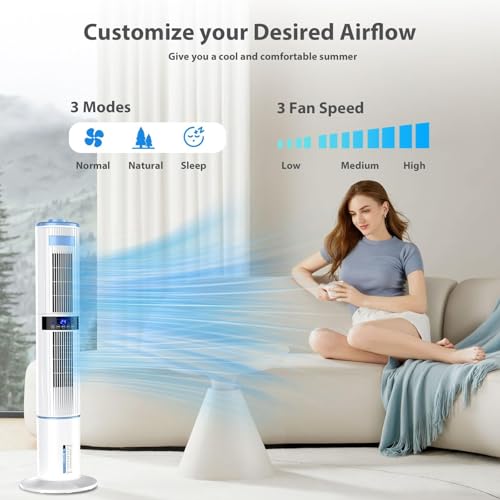 Klimaanlage Mobil, Klimagerät Ohne Abluftschlauch mit leisem Schlafmodus, Turmventilator 65 W, 1–24 Stunden Timer, 4 Modi, 60° und 360° Oszillation, 4 l Wassertank, mit 4 Kühlakku Fernbedienung