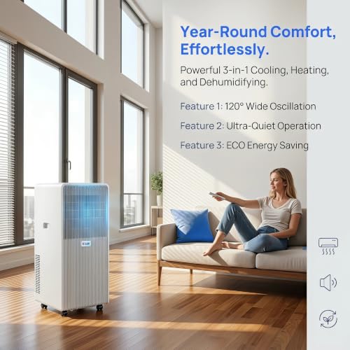 Tragbare Klimaanlage, 12000 BTU Kühlung AC Einheit mit leisen Lüftermodi, Luftentfeuchter, Fernbedienung & 24H Timer für Zimmer bis zu 350 sq.ft