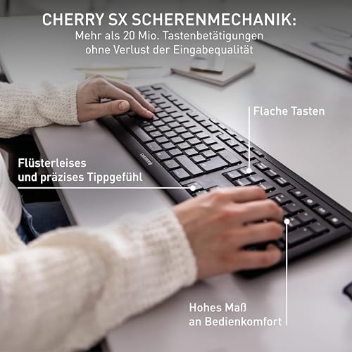 CHERRY Stream Keyboard Wireless, Kabellose Tastatur, Deutsch, Schwarz | QWERTZ-Layout, Verbindung über 2,4 GHz Funk mit USB-Dongle, Plug & Play, Leise Tasten, Flaches Design, Batteriebetrieben