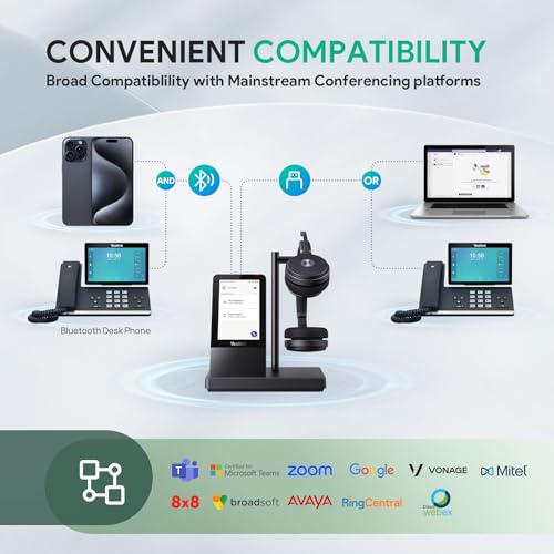 Yealink WH66 Kabelloses Headset mit 4-Zoll-Bildschirm, DECT für Teams, Zoom, Skype-zertifiziert, Bluetooth mit 160 m Reichweite, Vollduplex-Lautsprecher, 14h Anrufzeit, für Büro, Schreibtischtelefon