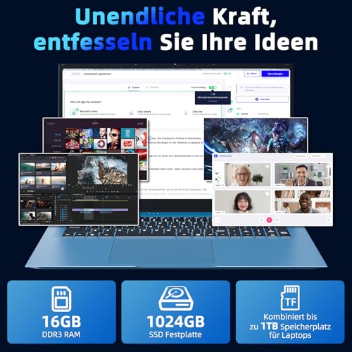 THEYETI Laptop 18,5 Zoll 16GB RAM 1024GB SSD Notebook, Core i3 (bis zu 3,9 GHz), 8000mAh Akku, Win 11, WiFi 6, IPS FHD Display 180° Betrachtungswinkel, HDMI Type-C (Blau)
