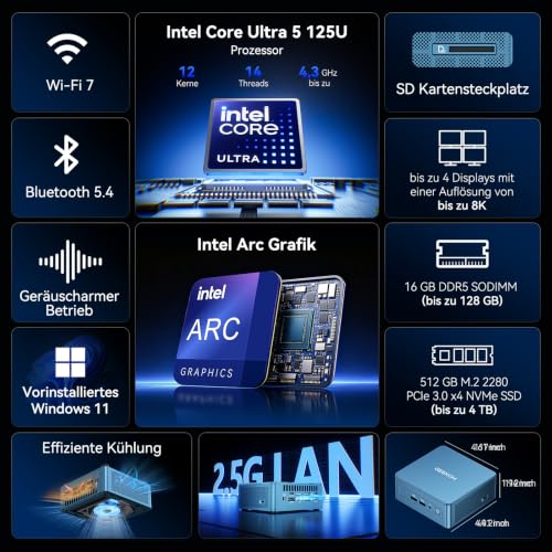 GEEKOM IT12 Mini PC Intel Core U5 125U (AI Boost), 16 GB DDR5 512 GB SSD