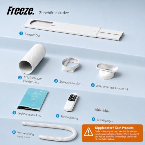 Freeze. nine 9000BTU Mobile Klimaanlage Weiß – Monoblock-Klimagerät mit LED-Display & Fernbedienung, Timer und Sleep‑Modus, verstellbarer Luftauslass, Kindersicherung, inkl. Abluftschlauch & Fensterki