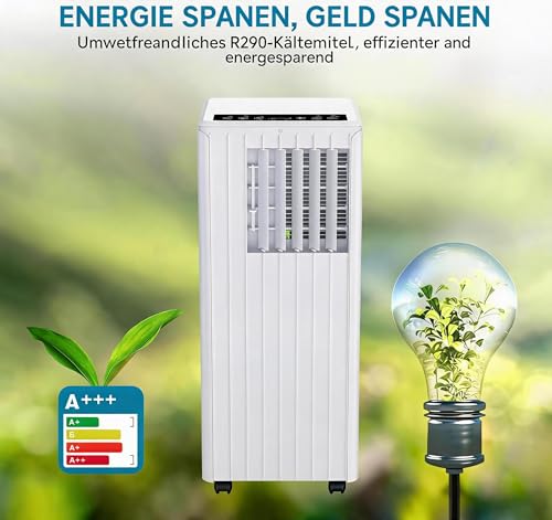 Thaookte 3-in-1 Mobilklimaanlage 9000 BTU mit Dual-Schlauch-Technologie, extrem leise (≤45 dB), 24h Vorwahl, kabellose Bedienung per Fernbedienung, 3 Funktionen Klimaanlage mobil für Räume bis 35 m²