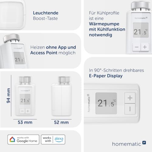 Homematic IP Heizkörperthermostat – Flex | Smart Home, digitaler Thermostat Heizung, Steuerung mit/ohne App, Alexa, Google Push-to-Pair, Energie sparen, 160230A0