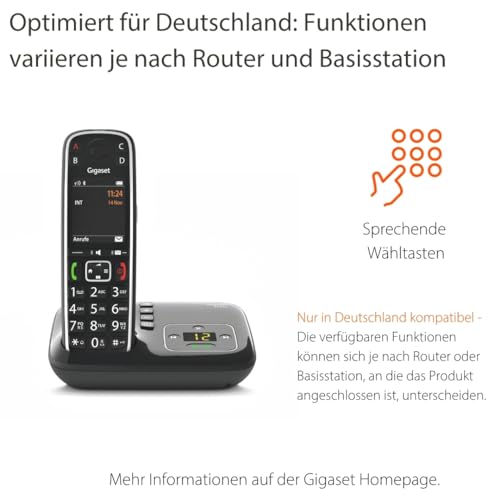 Gigaset E720A - Schnurloses Premium Senioren DECT-Telefon mit Anrufbeantworter - sprechende Wähltasten - Nummernansage & Namensansage - Anrufübertragung per Bluetooth, schwarz [Deutsche Version]